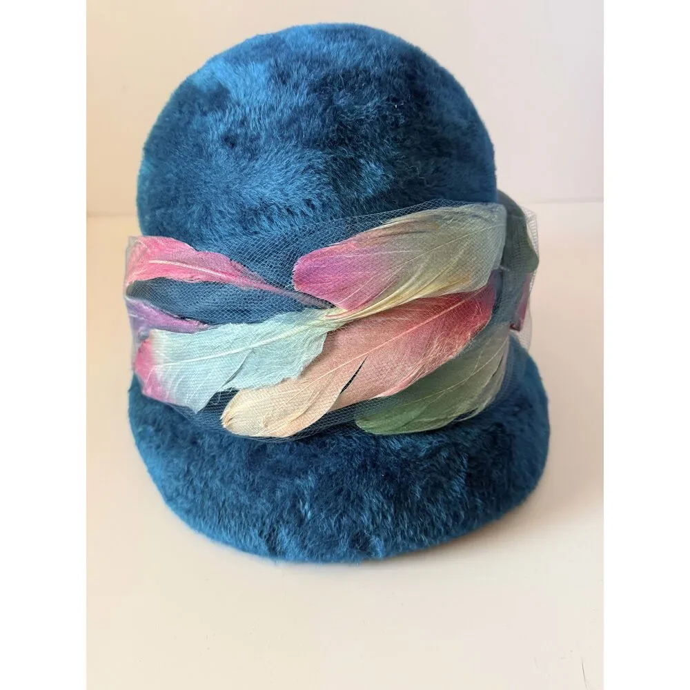 Vintage Christian Dior Chapeaux Turquoise Cloche Hat | Feather Trim Designer Ha